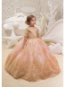 Elbow Sleeves Gold Lace Tulle Long Flower Girl Dress